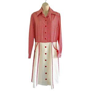 Vintage 60s Herman Marcus Dallas Womens Sz M Red White Striped Button Down Dress